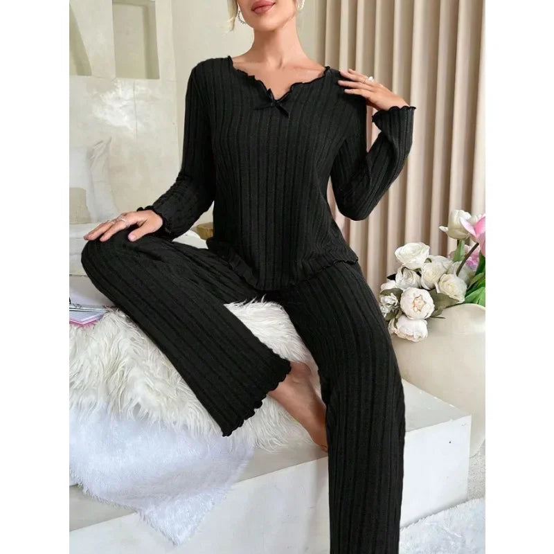 Women Autumn Winter Sleepwear Ribbed Pajamas Set Long Sleeve Top and Long Pants 2 Piece Set Casual Homewear Loungewear.