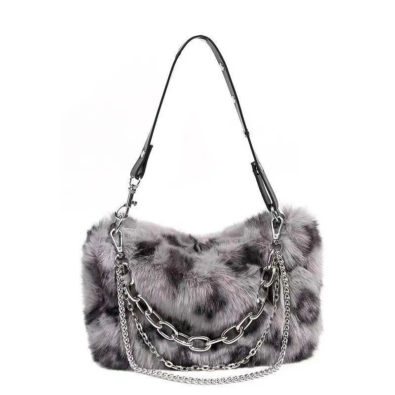 New Faux Fur Leopard Shoulder Bag Women's Autumn Winter Chain Handbags Ladies Leopard Print Clutch Purses Fluffy Top Handle Bags.