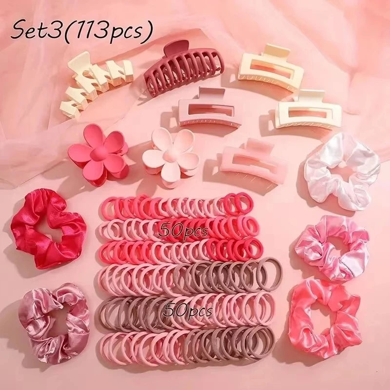 53/57/113Pcs Dopamine Fashion Elastic Colorful Band Hair Circles Flower Shaped Hair Accessory Grip For Women Daily Party Gift.