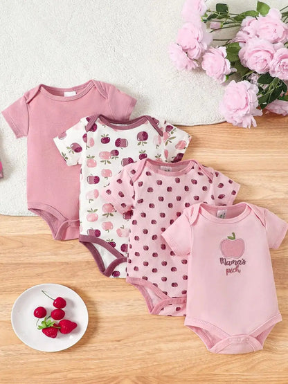 4PCS Neugeborenen Strampler Kurzarm Rundhals Cartoon Tier Blumen Drucken Body Onesies Für Baby Jungen Und Mädchen Kleidung.