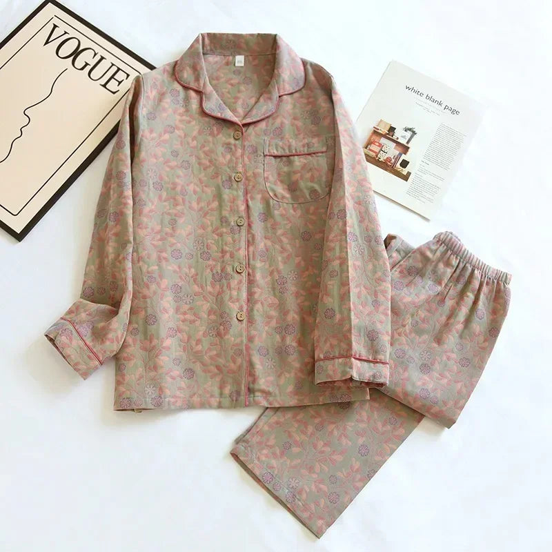 100% Cotton Crepe Homeclothes 2023 Autumn/Winter Women's Pajamas Suit Long-Sleeved Trousers 2-piece Yarn-Dyed Jacquard Pajamas