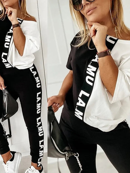 2023 Women's Spring Summer Sportswear Two-piece Set With Patchwork Letters Short Sleeved Long Pants Casual Women's Two-piece Set.