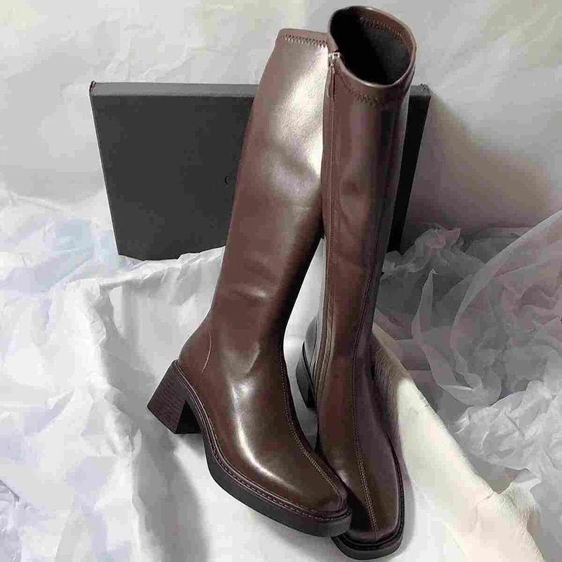 Vintage Thick Heel Women Knee High Boots Fashion Side Zippers Shoes Autumn Winter Ladies Concise Long Botas De Mujer.