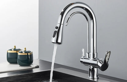 Quyanre Matte Black Filtered Crane For Kitchen Pull Out Spray 360 Rotation Water Filter Tap Three Ways Sink Mixer Kitchen Faucet