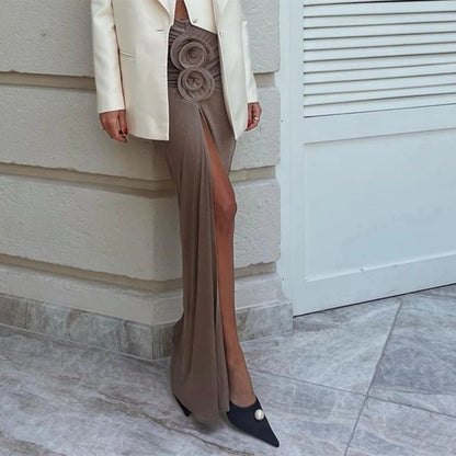 WhereMery Vintage Flower Applique High Split Long Skirt Sexy High-waist Ruched Solid Slim Skirts 2025 Casual Women's Short Drees.