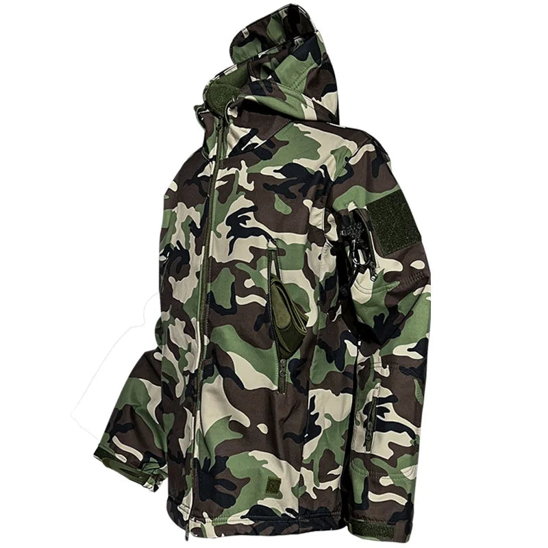 Mens Winter Outdoor Oversized Softshell Jackets Waterproof Zipper Hunting Clothes Fleece Lining Windbreaker Tactical Pocket Coat.