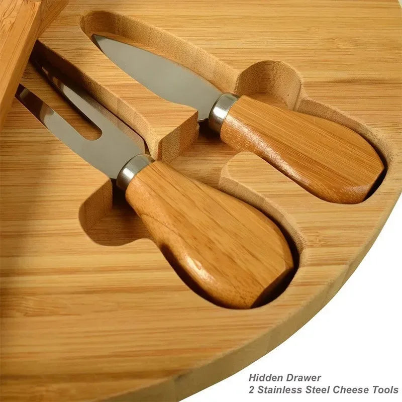 Bamboo Cheese Plate Cutting Board Pull-Out Scalloped Deli Board Assortment Snack Platter.