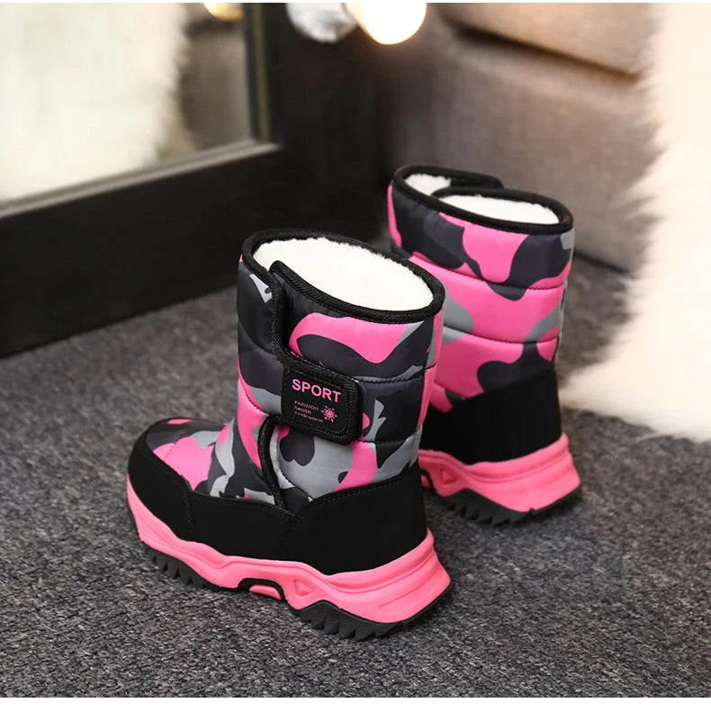 2025 Winter Children Shoes Plush Waterproof Fabric Non-Slip Girl Shoes Rubber Sole Snow Boots Fashion Warm Outdoor Boots.