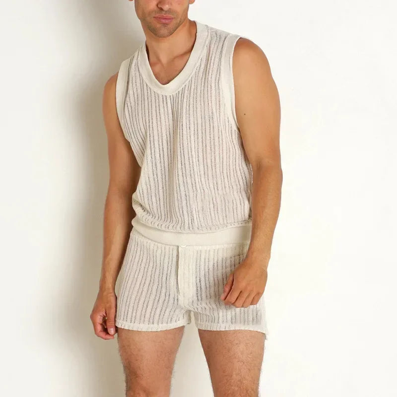 Mens Sets Summer New Wild Solid Color Casual I-shaped Vest Shorts Suit for Men.