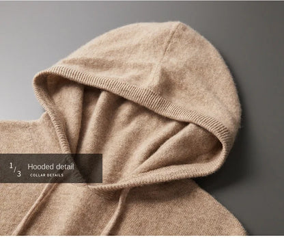 100% Cashmere Sweater Men's Ready-To-Wear Hooded Knitted Pullover Autumn Winter Long Sleeved Sweater Casual Sports Hoodie Top.