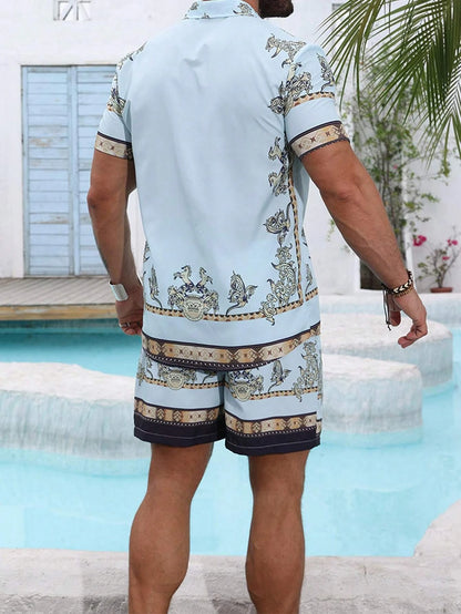 Baroque Luxury Printed Men's Shirt Shorts 2 Piece Set Summer Casual Shirt Hawaiian Beach Short-sleeved Men's Suits Clothing.