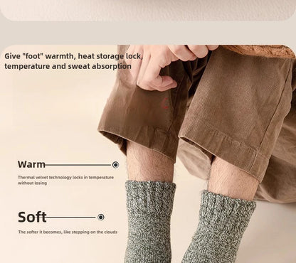 5 pairs of men's mid-calf thick winter fleece-lined thermal terry socks, blended cashmere solid color towel socks.
