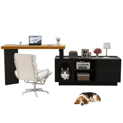 Eckschreibtisch mit integriertem Tierhaus, MDF-Eckschreibtisch aus verdicktem Brett für das Heimbüro mit XLanimal Cave L-förmiger Eckschreibtisch