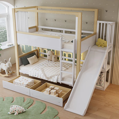 KOMHTOM Kinderetagenbett mit 2 Schubladen (mit Rollen), Kinderrutsche, 90x200cm