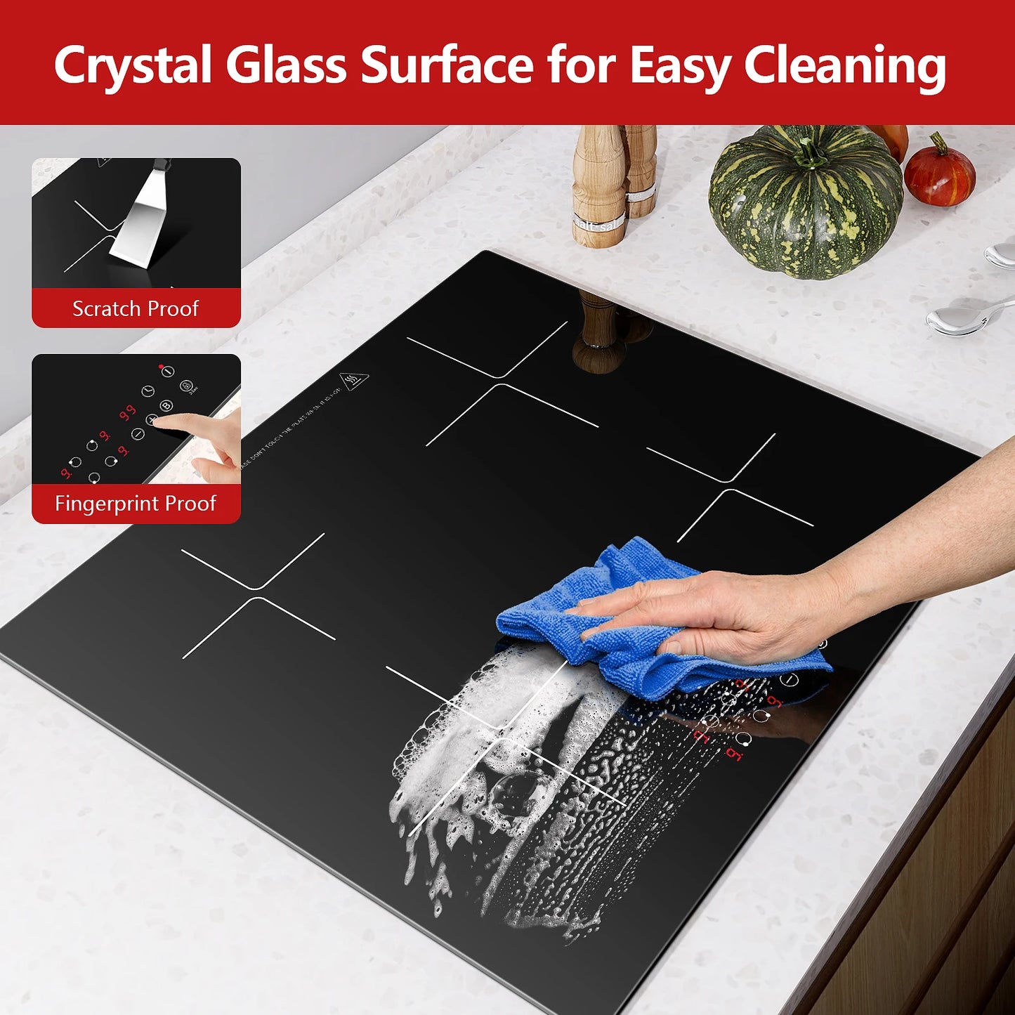 Induction Hob 4 Plates Built-in Electric Cooktop 60cm Booster Touch Control 6000W 9 Power Levels 1-99Minute Timer Child Lock.