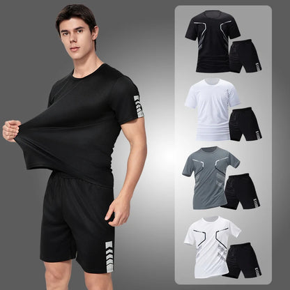 2-pcs Men's Quick-drying Exercise Black-and-white Suit Running Fitness Breathable Short Sleeve Comfortable Joker Playing Shorts.