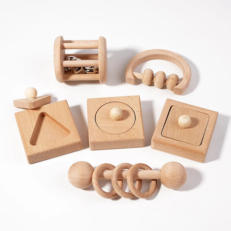 Wooden Geometric Shapes Sorting Montessori Puzzle Toys Baby Toys Wooden Rattles Ring Rattles Sensory Toys Preschool Education.