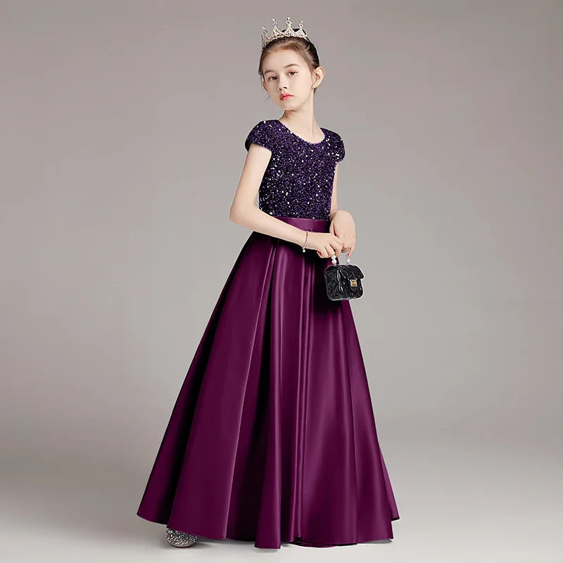 Mädchen-Klavierkleid, graues Pailletten-langes Performance-Kleid, Prinzessinnenkleid, Kinder-Host-Show-Performance-Kleid, Sommer.