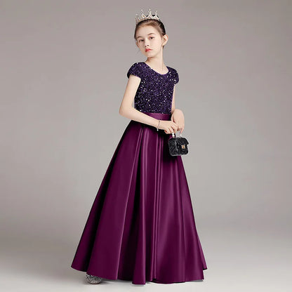 Mädchen-Klavierkleid, graues Pailletten-langes Performance-Kleid, Prinzessinnenkleid, Kinder-Host-Show-Performance-Kleid, Sommer.