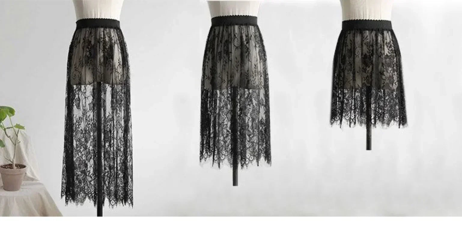 2 Length Elegant Black Skirt White Lace Transparent Long Tulle Skirt Ladies Elastic High Waist Beach Midi Skirt Drop shipping.
