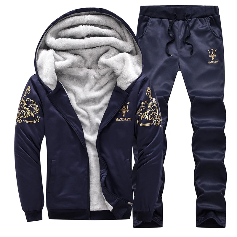 2023 New Winter Thick Men Sports Suit Tracksuit Hooded Sportswear Zipper Cardigan Hooded Woolen Trousers Pants Casual Men Set.