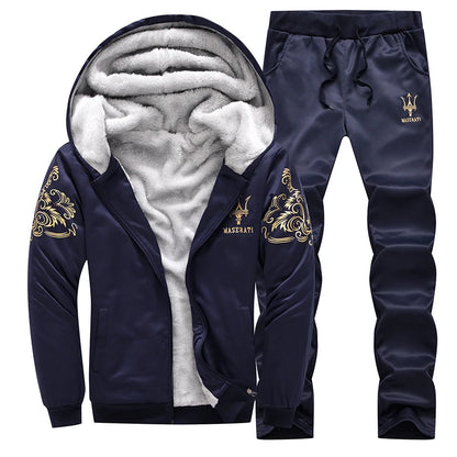 2023 New Winter Thick Men Sports Suit Tracksuit Hooded Sportswear Zipper Cardigan Hooded Woolen Trousers Pants Casual Men Set.
