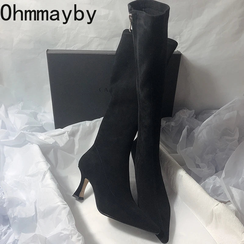 Women Stretch Modern Long Boots Fashion Pointed Toe Knee High Booties Designer High Heels Shoes.