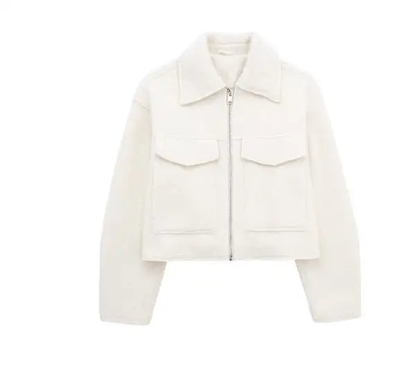 2025 frauen Elegante Feste Mantel Zipper Langarm Tasche Bomber Jacke Weibliche Casual Weiche Woolen Lose Streetwear Mäntel