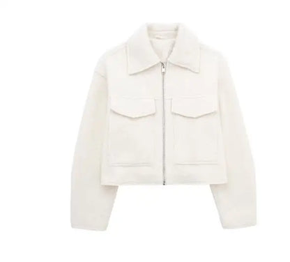 2025 frauen Elegante Feste Mantel Zipper Langarm Tasche Bomber Jacke Weibliche Casual Weiche Woolen Lose Streetwear Mäntel