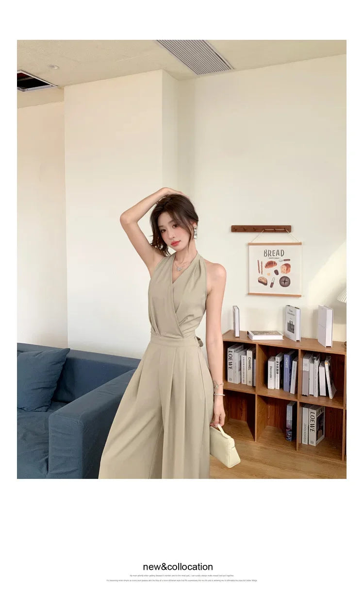 French Vintage Polyester Halter One-Piece Pants Women's Summer Business Commute High Waist Slimming Versatile Suit Long Pants.