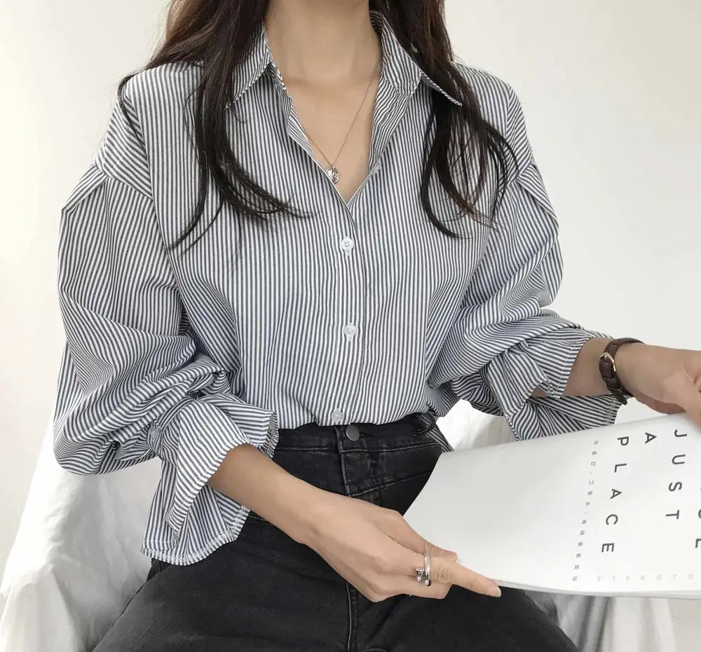 oose Stripe Women Shirts 2025 Fashion Lapel Collar Long Sleeve Shirt Elegant Classic Top.