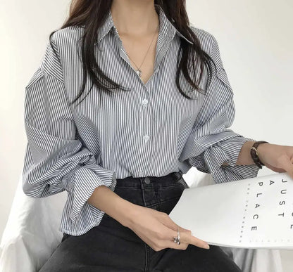 oose Stripe Women Shirts 2025 Fashion Lapel Collar Long Sleeve Shirt Elegant Classic Top.