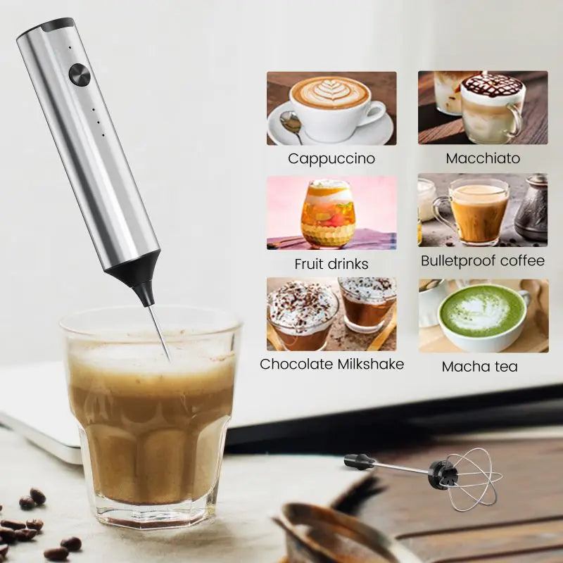 Mini milk frother, electric milk frother, coffee frother, household milk blender, handheld wireless whipper.