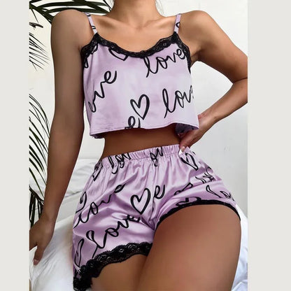 2 teile/satz Pyjama Anzug für Frauen Sexy Nette V-ausschnitt Spitze Liebe Herz Gedruckt Hosenträger Tops Shorts Nighty Nachtwäsche Homewear set.