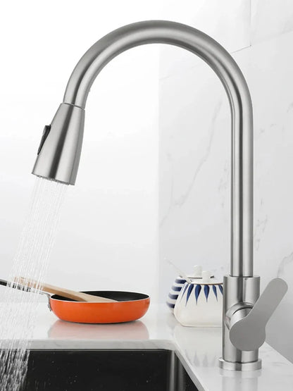 Kitchen Faucets Brushed Nickel Pull Out Kitchen Sink Water Tap Deck Mounted Mixer Stream Sprayer Head Hot Cold Taps Sliver