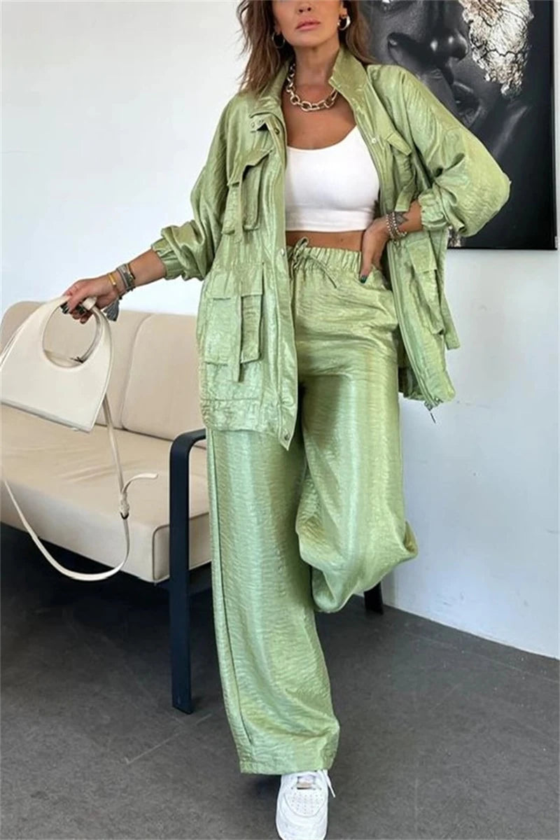 Streetwear 2 Piece Sets Women Outfit Spring Clothes Women 2025 Solid Pocket Jacket Top and Pant Sets Safari Style Tracksuits Set.