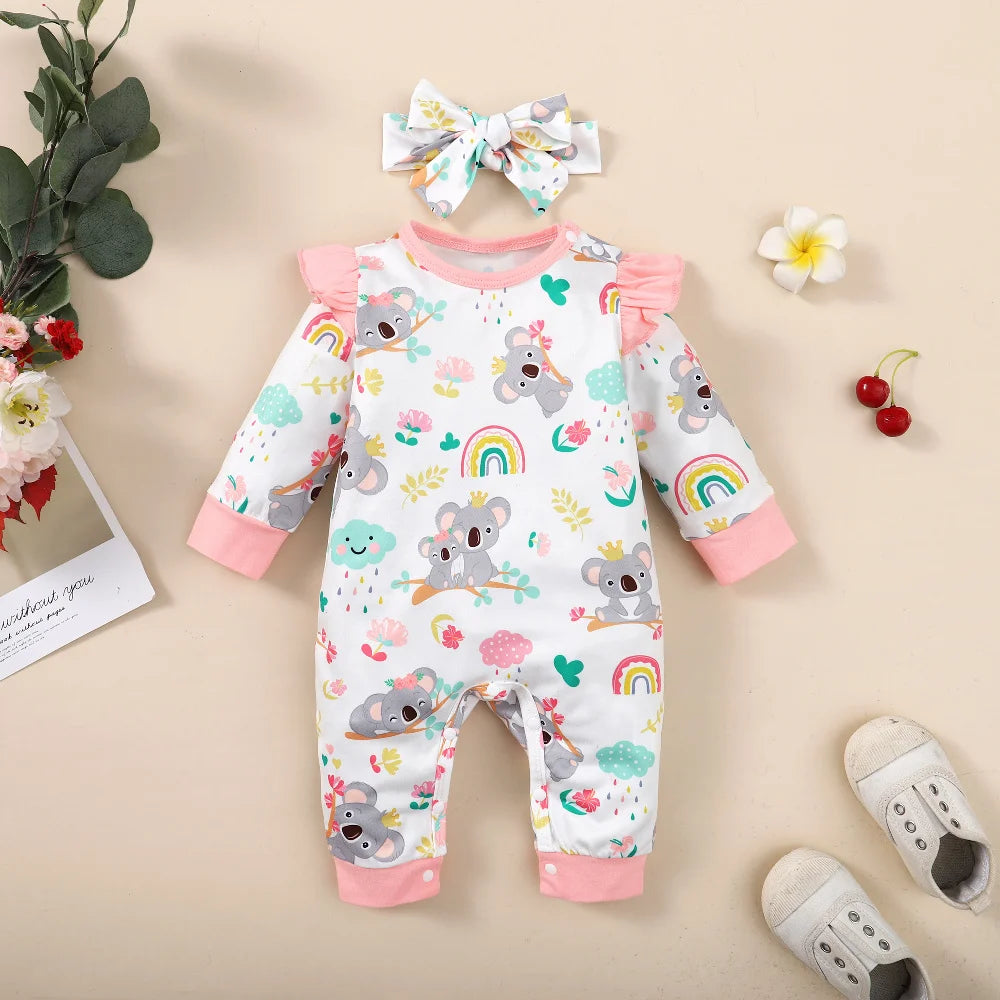 Neugeborenes Baby-Body für Mädchen, süßer kleiner Koala-Body + Stirnband, 2 Stück, passend für 1–12 Monate, Baby-Frühlings- und Herbst-Crawler-Anzug.