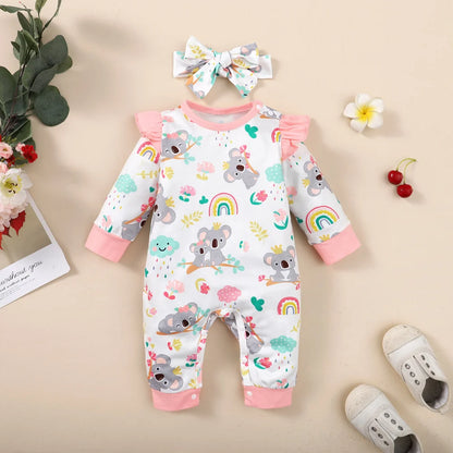 Neugeborenes Baby-Body für Mädchen, süßer kleiner Koala-Body + Stirnband, 2 Stück, passend für 1–12 Monate, Baby-Frühlings- und Herbst-Crawler-Anzug.
