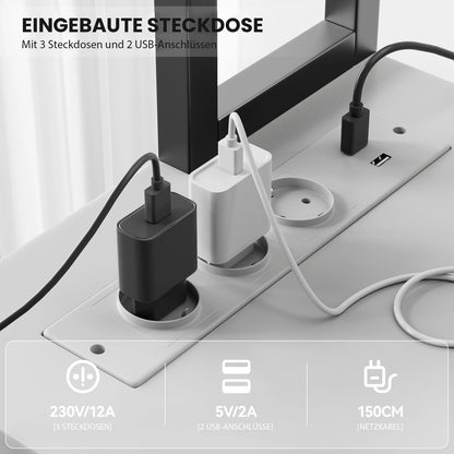 Weißer L-förmiger Schreibtisch mit LED Beleuchtung Doppelregal USB Steckdosen Gaming und Arbeitstisch