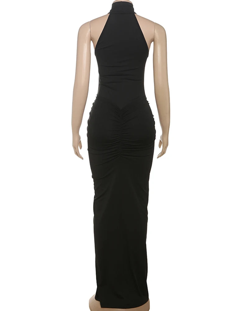 Whatiwear Off Schulter Mode Maxi Kleid Frauen Geraffte Rollkragen Ärmel Splits Robe Mitternacht Prom Party Elegante Vestidos.