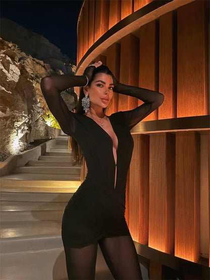 Mozision Deep V Neck Long Sleeve Sexy Jumpsuits Women Autumn Winter Patchwork See Through Ruched Club Party Jumpsuit Female