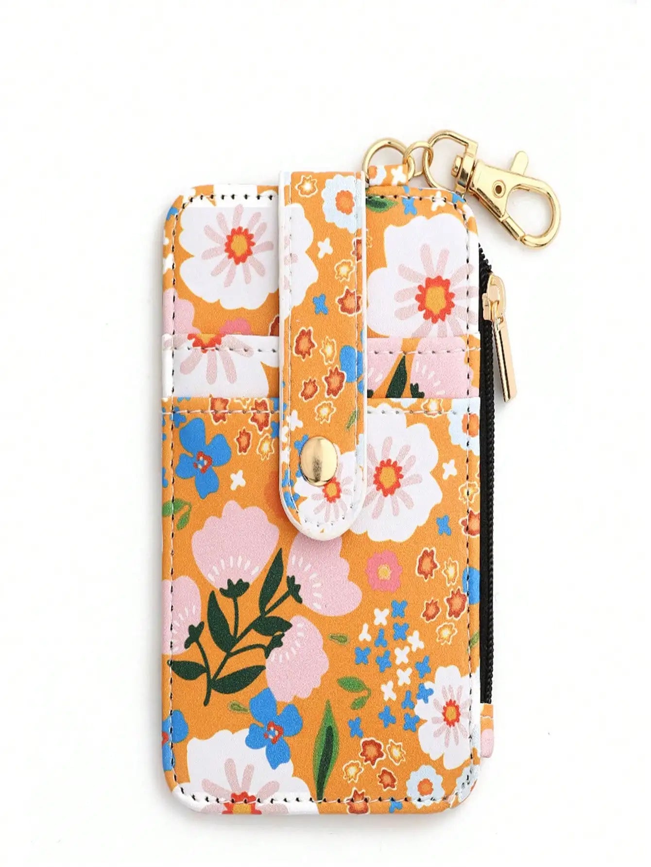 A printed folded vertical bag zipper card holder floral coin purse women's wallet.