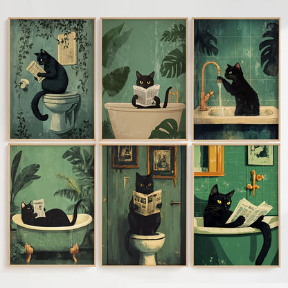 Set of 6 Unframed Cat Bathroom Canvas Prints - Whimsical & Funny Black Cat Wall Art Posters for Home Decor, Perfect for Livin.