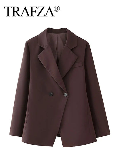 TRAFZA Frauen Elegante Feste Revers Zwei Tasten Anzug Jacke Mode Lange Hülse Dünne Kurze Mäntel 2024 Neue Casual Büro Dame Blazer.