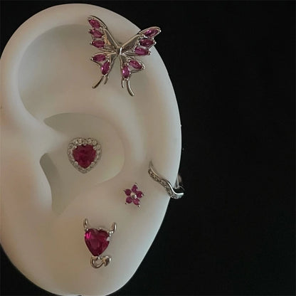 New Trendy Shiny Rose Red Color Zircon 316L Stainless Steel Ear Bone Nail Y2K Gothic Love Heart Small Earrings for Women Jewelry.