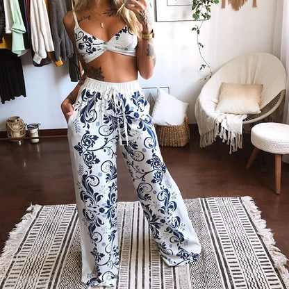 Sexy Two Piece Set Women Outfit 2025 Summer Butterfly Print V-Neck Cropped Top High Waist Drawstring Casual Wide Leg Pants Sets.