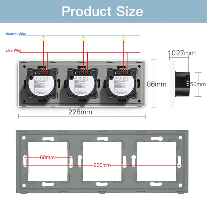BSEED Touch-Schalter, 1/2/3 Gang, 1-Wege-Wandlichtschalter, blaue LED-Hintergrundbeleuchtung, Glas, Sensorbildschirm, Heimschalter, Weiß, EU-Standard.