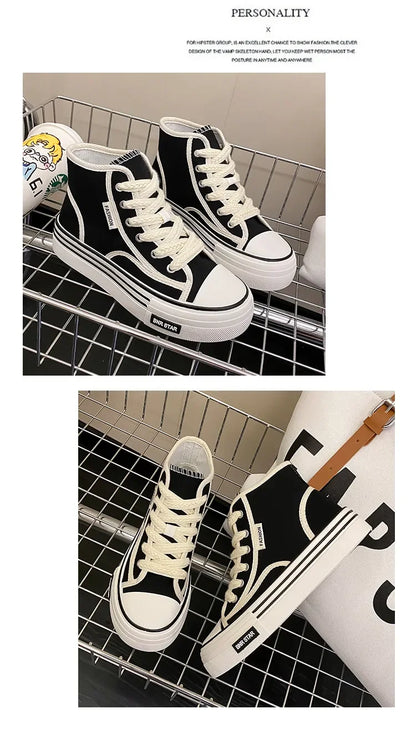 Maogu Women Autumn 2023 New Fashion Thick Platform Leisure Sports Shoe White Sneakers Breathable Casual High Top Canvas Shoes 40