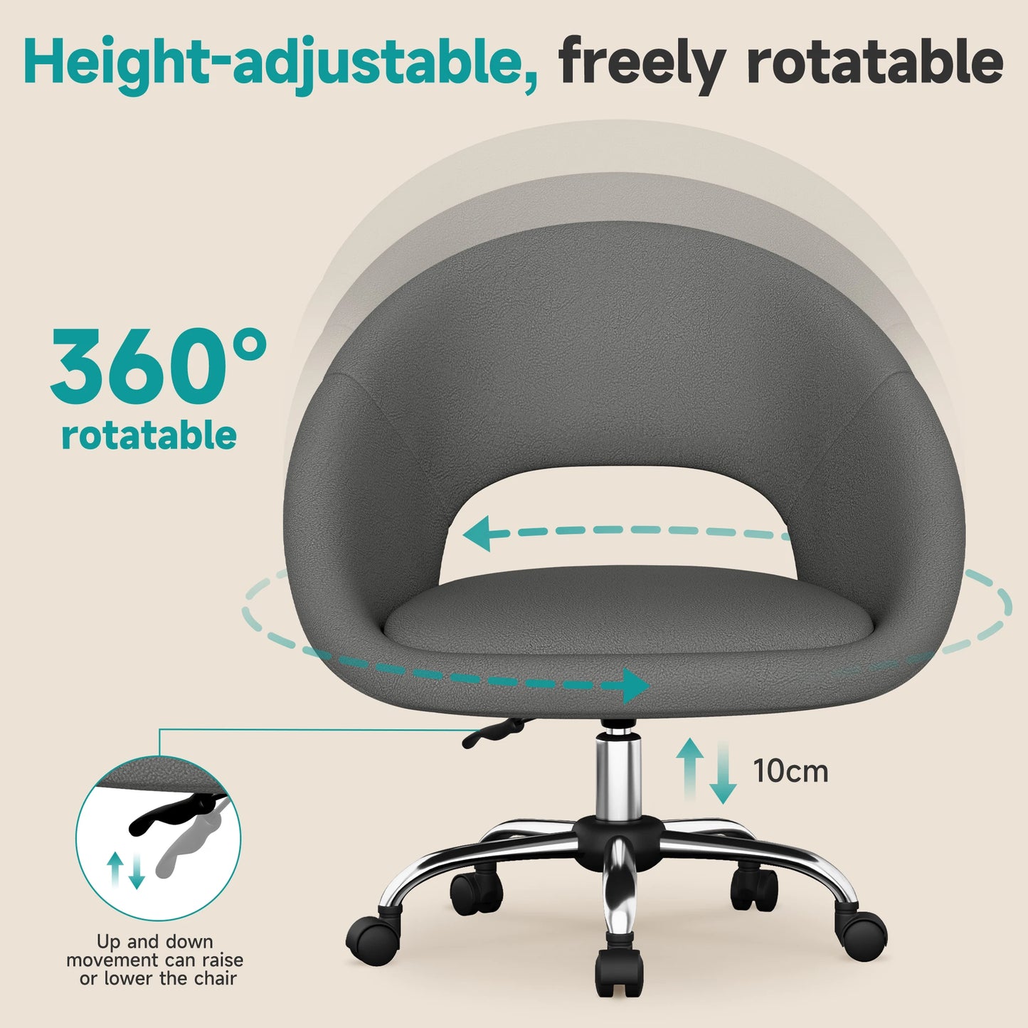 AUTHMIC Ergonomischer drehbarer Schminkstuhl mit Rückenstütze, höhenverstellbar, geräuschloser Rollen, Make-up-Schreibtischsitz für das Heimbüro