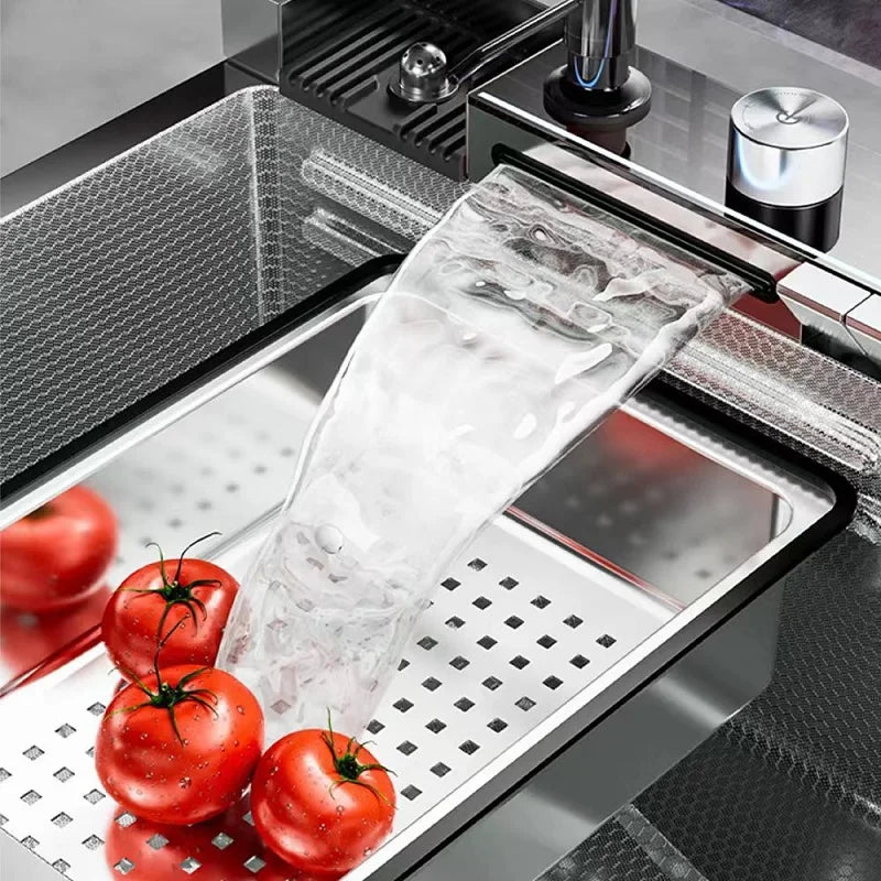 Stainless Steel Silver Kitchen Sink Multifunction Waterfalls Intelligent Digital Display Faucet Household Large Single Slot